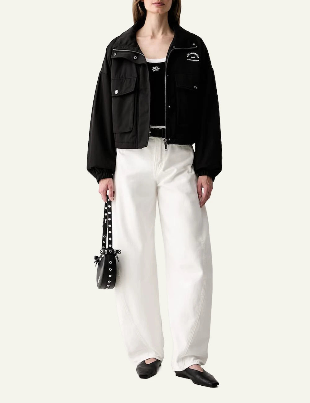 Karl Lagerfeld black rib cotton T-shirt with contrast trim and embroidered logo full body