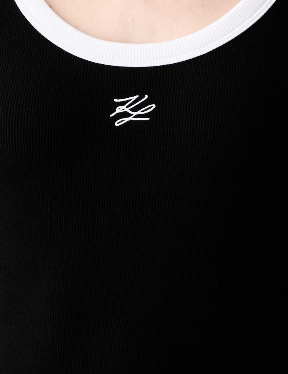 Karl Lagerfeld black rib cotton T-shirt with contrast trim and embroidered detail