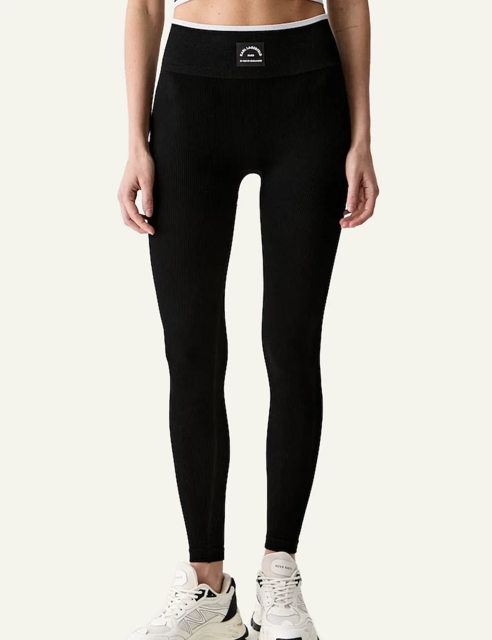 Karl Lagerfeld black rib leggings with logo waistband model