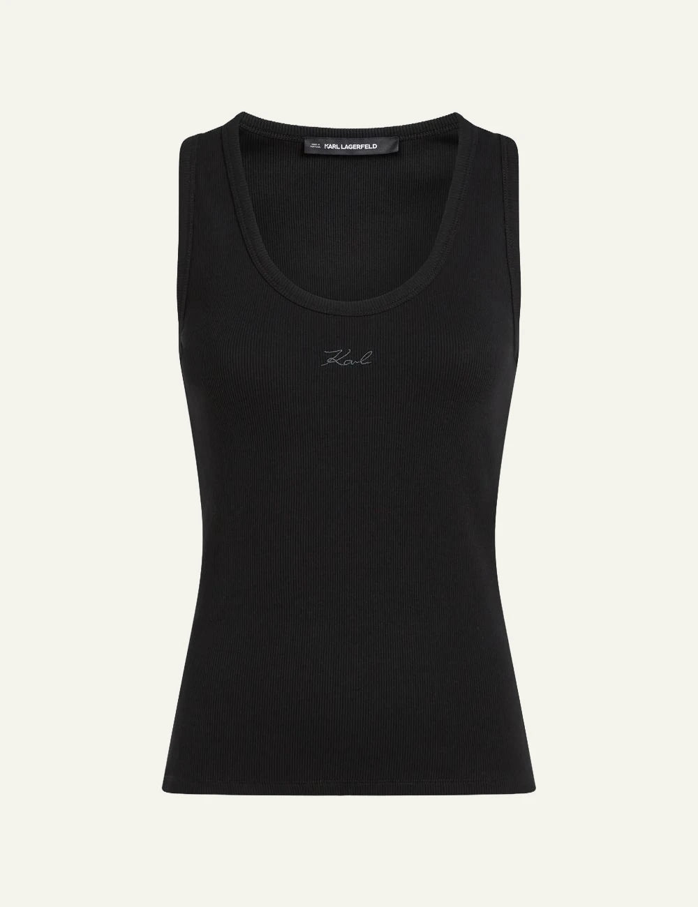 Karl Lagerfeld black rib tank top with signature embroidery