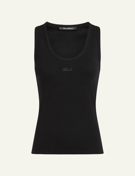 Karl Lagerfeld black rib tank top with signature embroidery