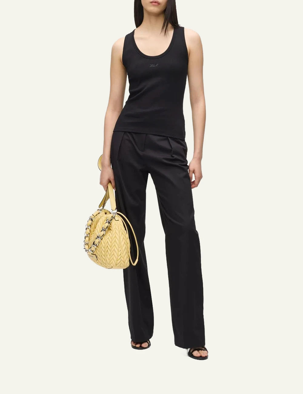 Karl Lagerfeld black rib tank top with signature embroidery full body