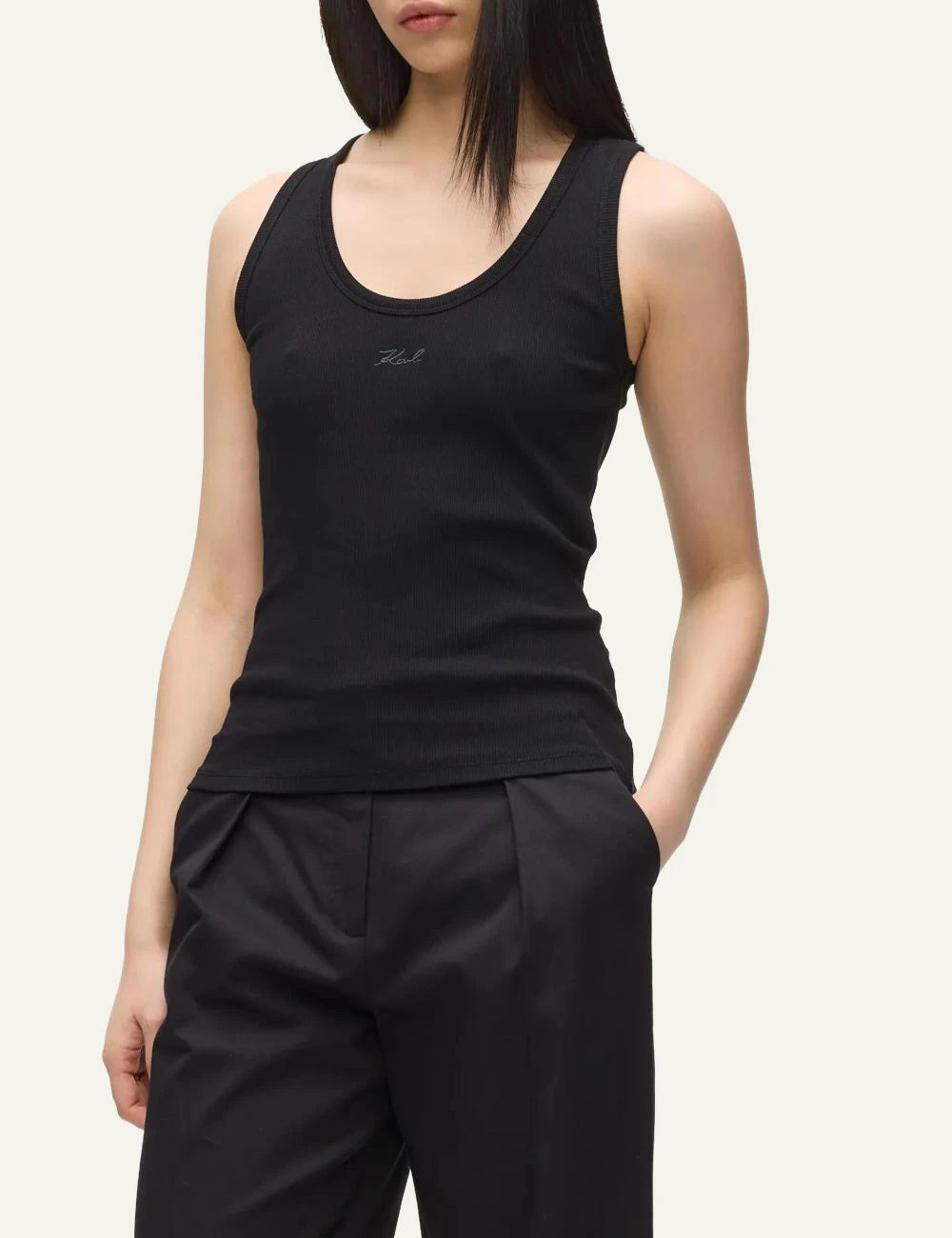 Karl Lagerfeld black rib tank top with signature embroidery model