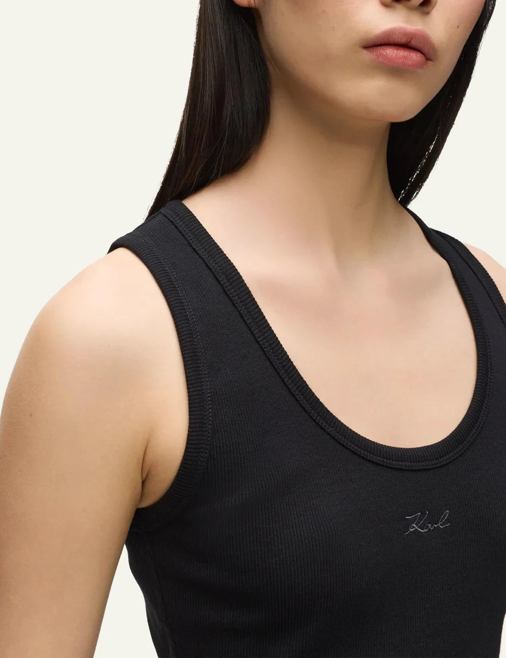 Karl Lagerfeld black rib tank top with signature embroidery detail