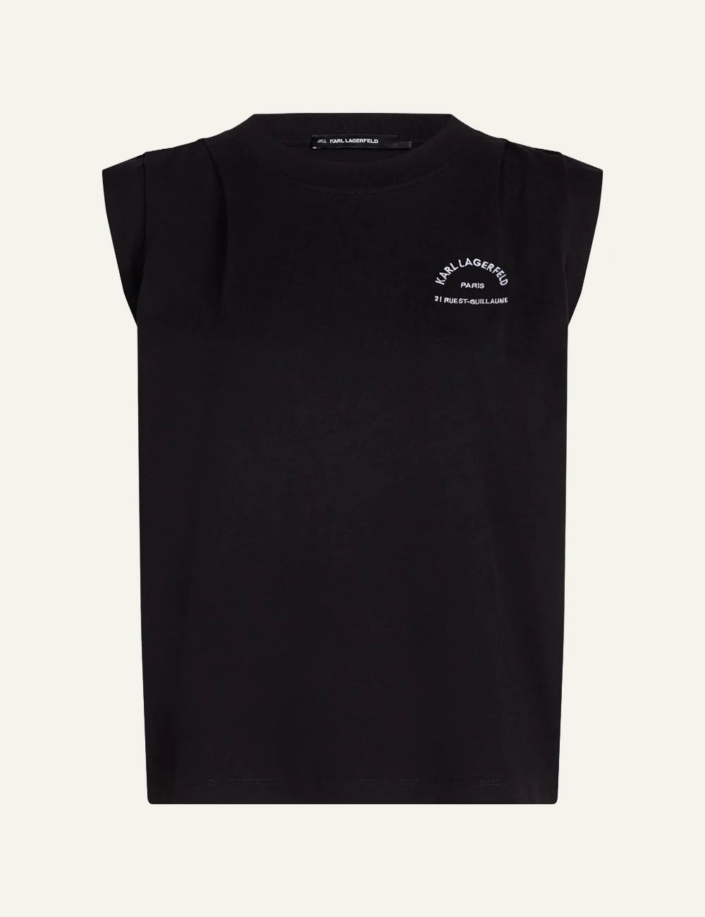 Karl Lagerfeld black sleeveless organic cotton T-shirt with Rue St-Guillaume chest print