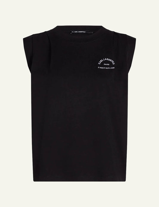 Karl Lagerfeld black sleeveless organic cotton T-shirt with Rue St-Guillaume chest print