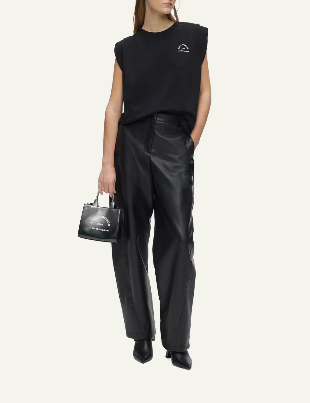 Karl Lagerfeld black sleeveless organic cotton T-shirt with Rue St-Guillaume chest print full body