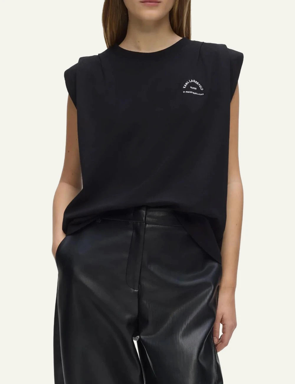 Karl Lagerfeld black sleeveless organic cotton T-shirt with Rue St-Guillaume chest print model