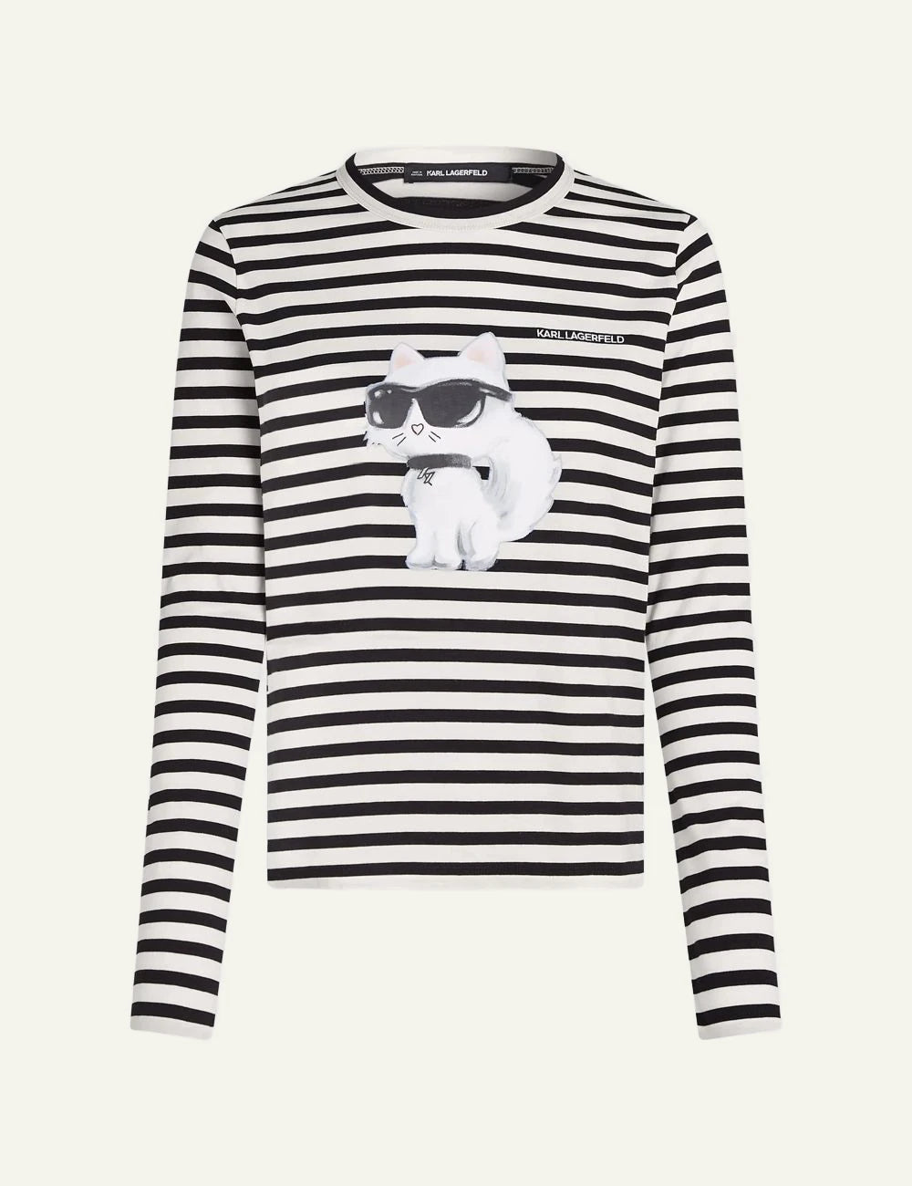 Karl Lagerfeld black and white striped long sleeve top with Aquarelle Ikon Choupette print