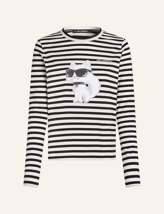 Karl Lagerfeld black and white striped long sleeve top with Aquarelle Ikon Choupette print
