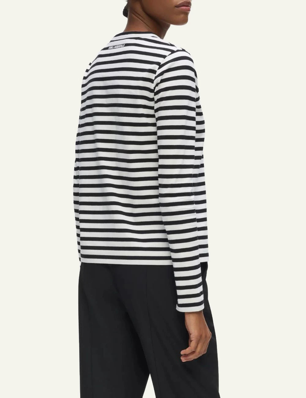 Karl Lagerfeld black and white striped long sleeve top with Aquarelle Ikon Choupette print back
