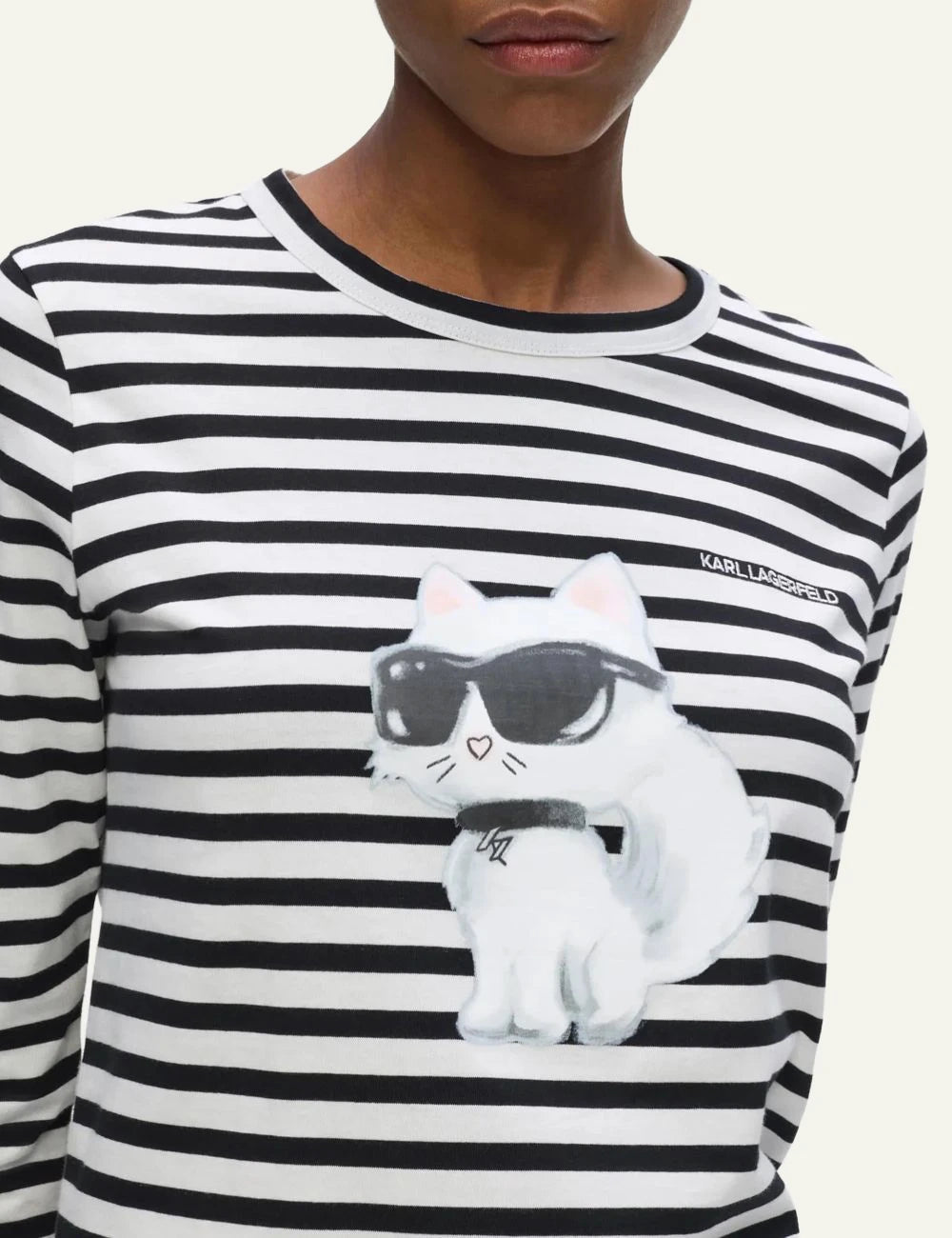 Karl Lagerfeld black and white striped long sleeve top with Aquarelle Ikon Choupette print detail
