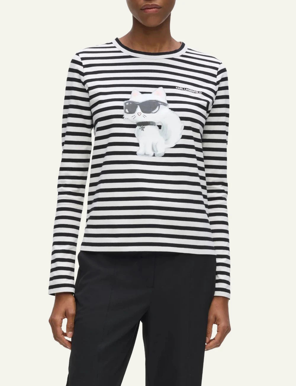 Karl Lagerfeld black and white striped long sleeve top with Aquarelle Ikon Choupette print full body