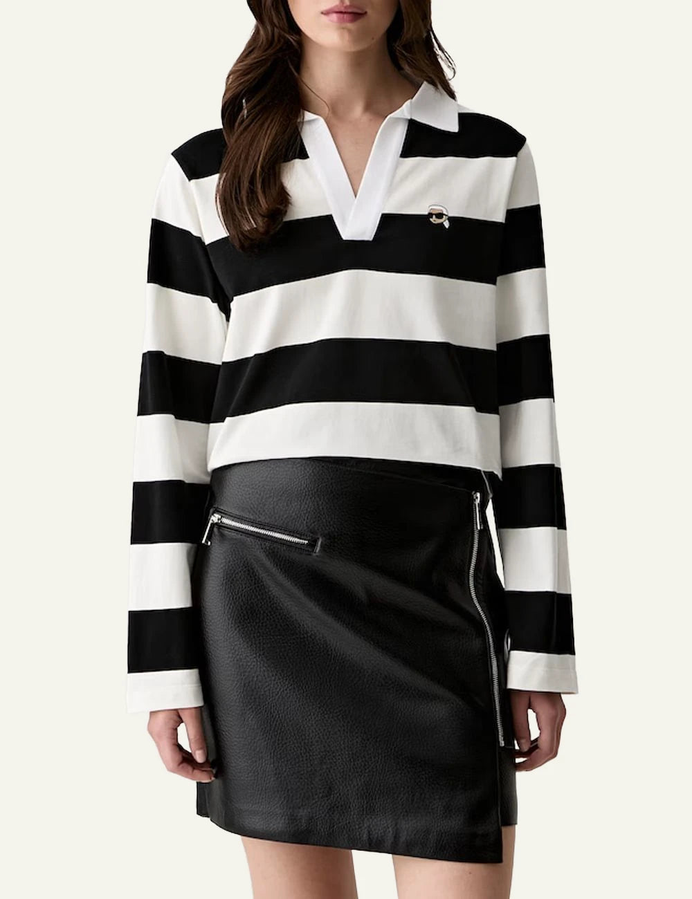 Karl Lagerfeld black and white striped long sleeve polo shirt with Ikonik Karl embroidery