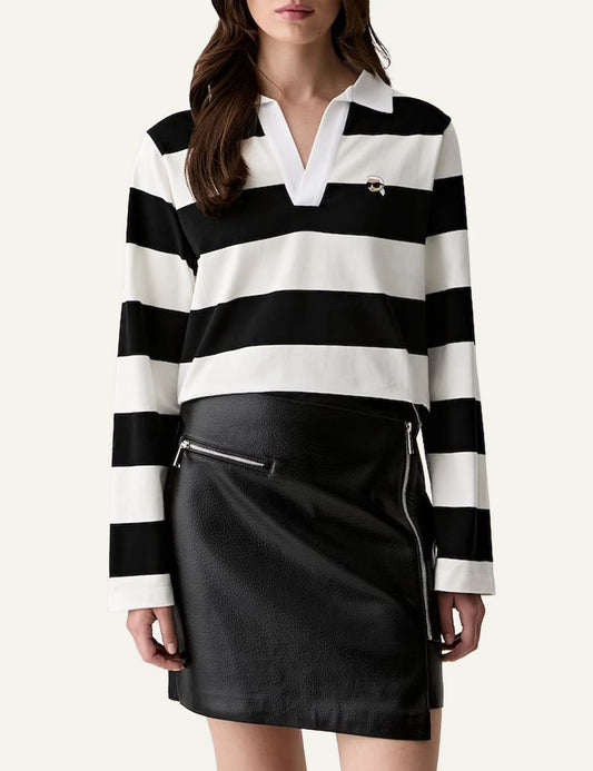 Karl Lagerfeld black and white striped long sleeve polo shirt with Ikonik Karl embroidery