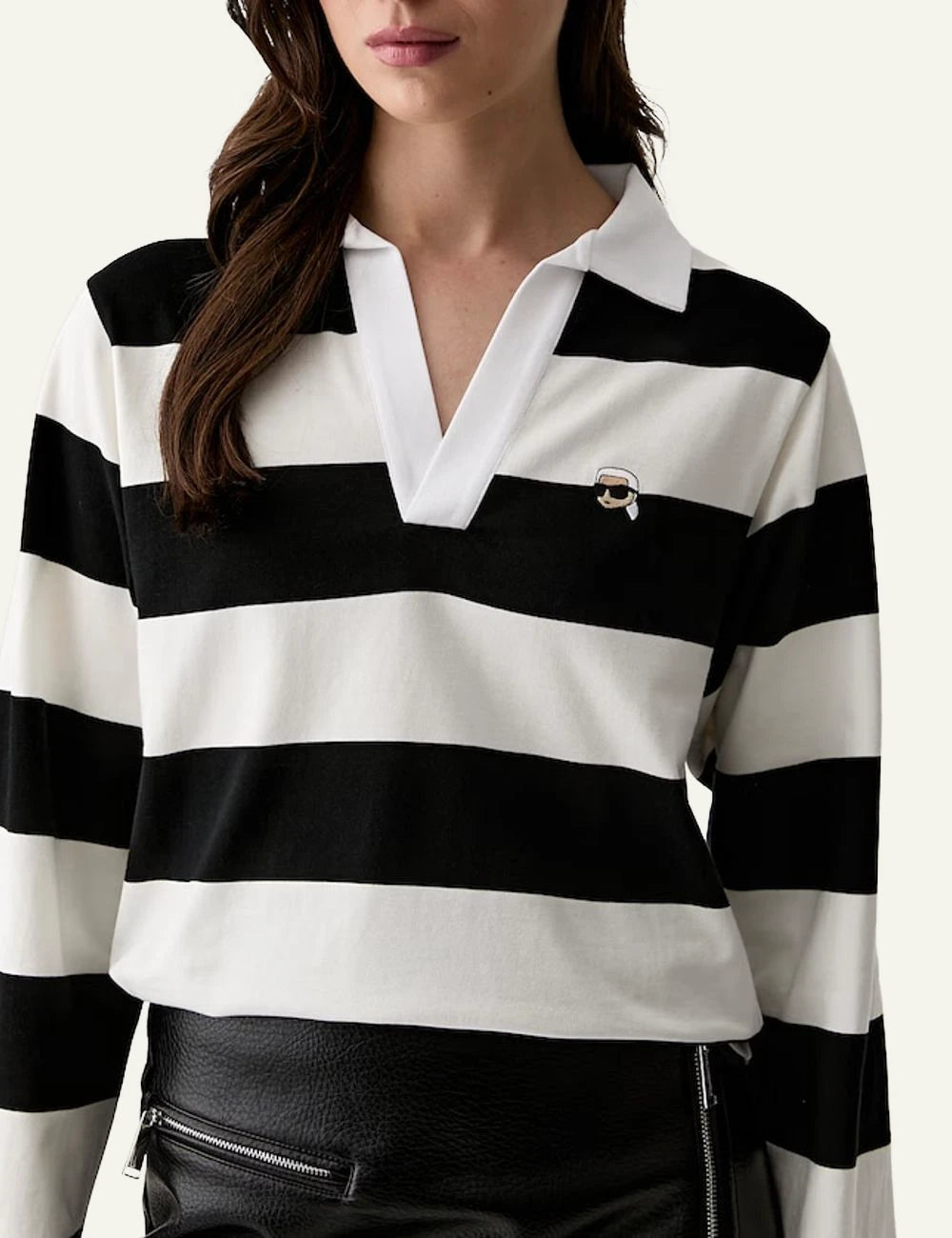 Karl Lagerfeld black and white striped long sleeve polo shirt with Ikonik Karl embroidery model