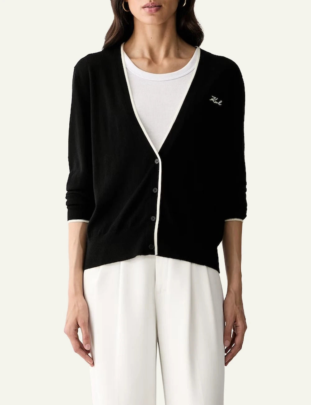 Karl Lagerfeld black wool cardigan with contrast trim and V-neck 