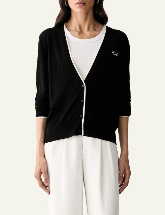 Karl Lagerfeld black wool cardigan with contrast trim and V-neck 