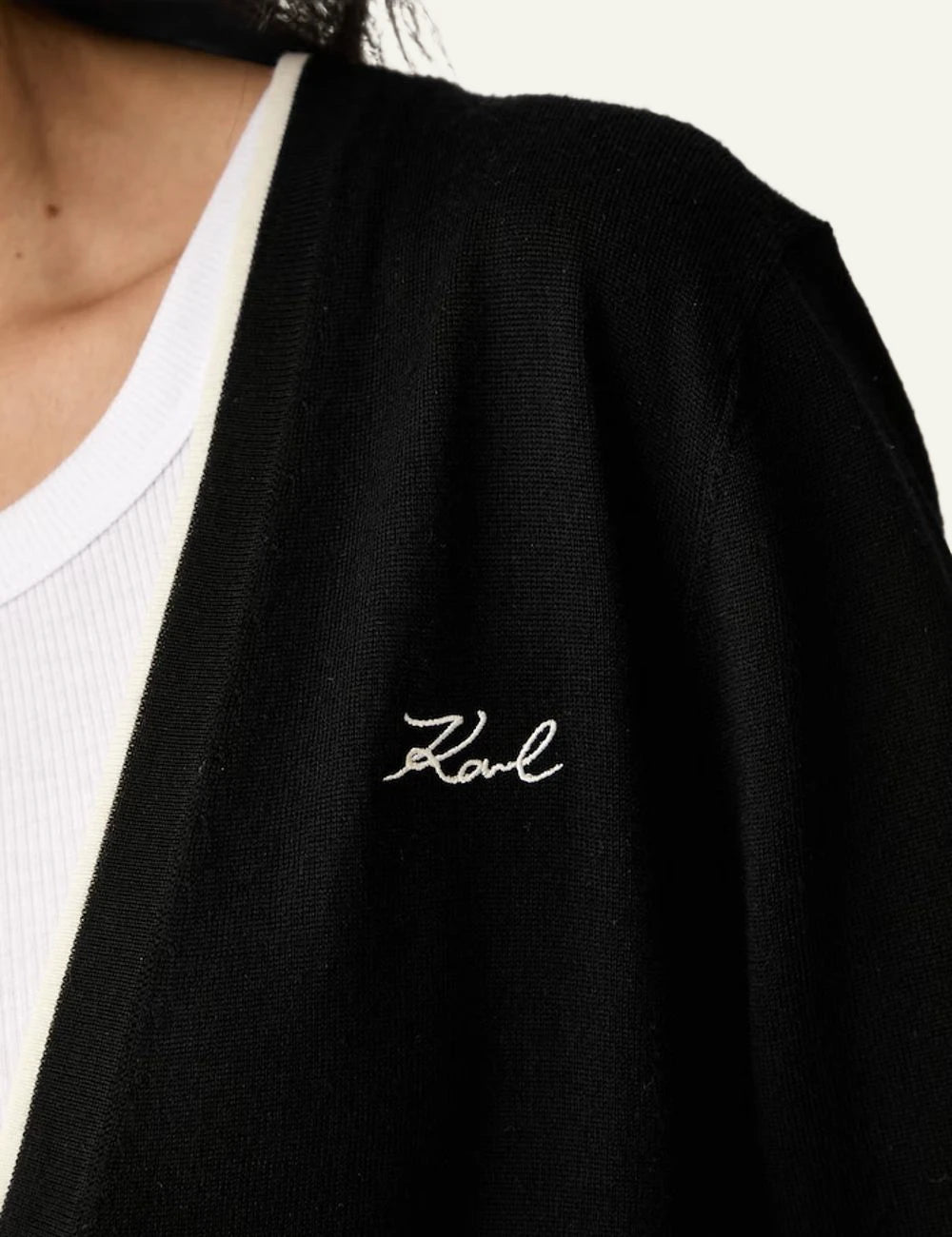 Karl Lagerfeld black wool cardigan with contrast trim and V-neck detail