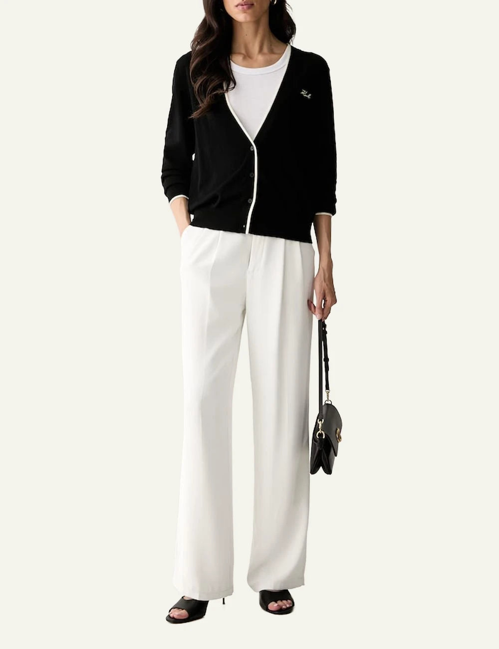 Karl Lagerfeld black wool cardigan with contrast trim and V-neck full body