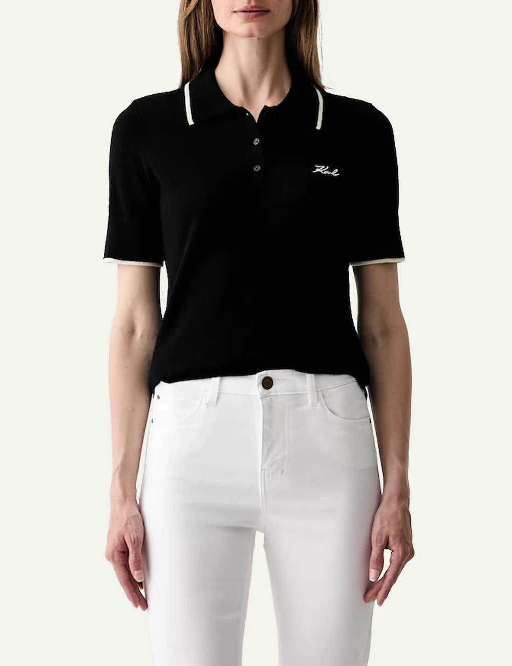 Karl Lagerfeld black wool knit polo shirt with signature embroidery
