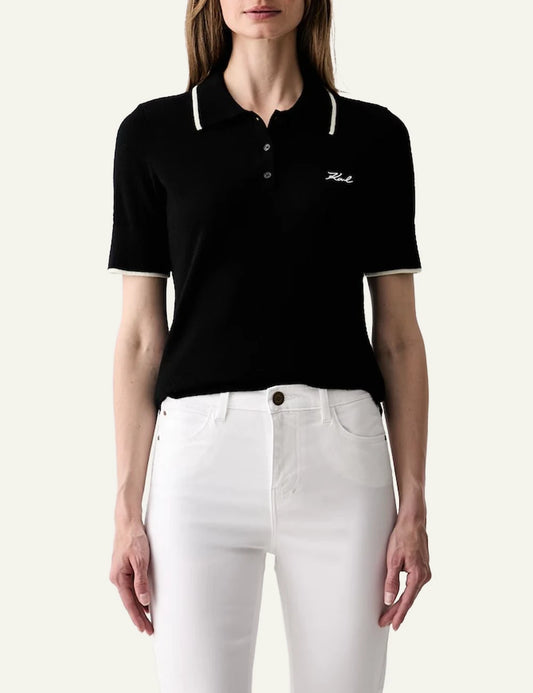 Karl Lagerfeld black wool knit polo shirt with signature embroidery