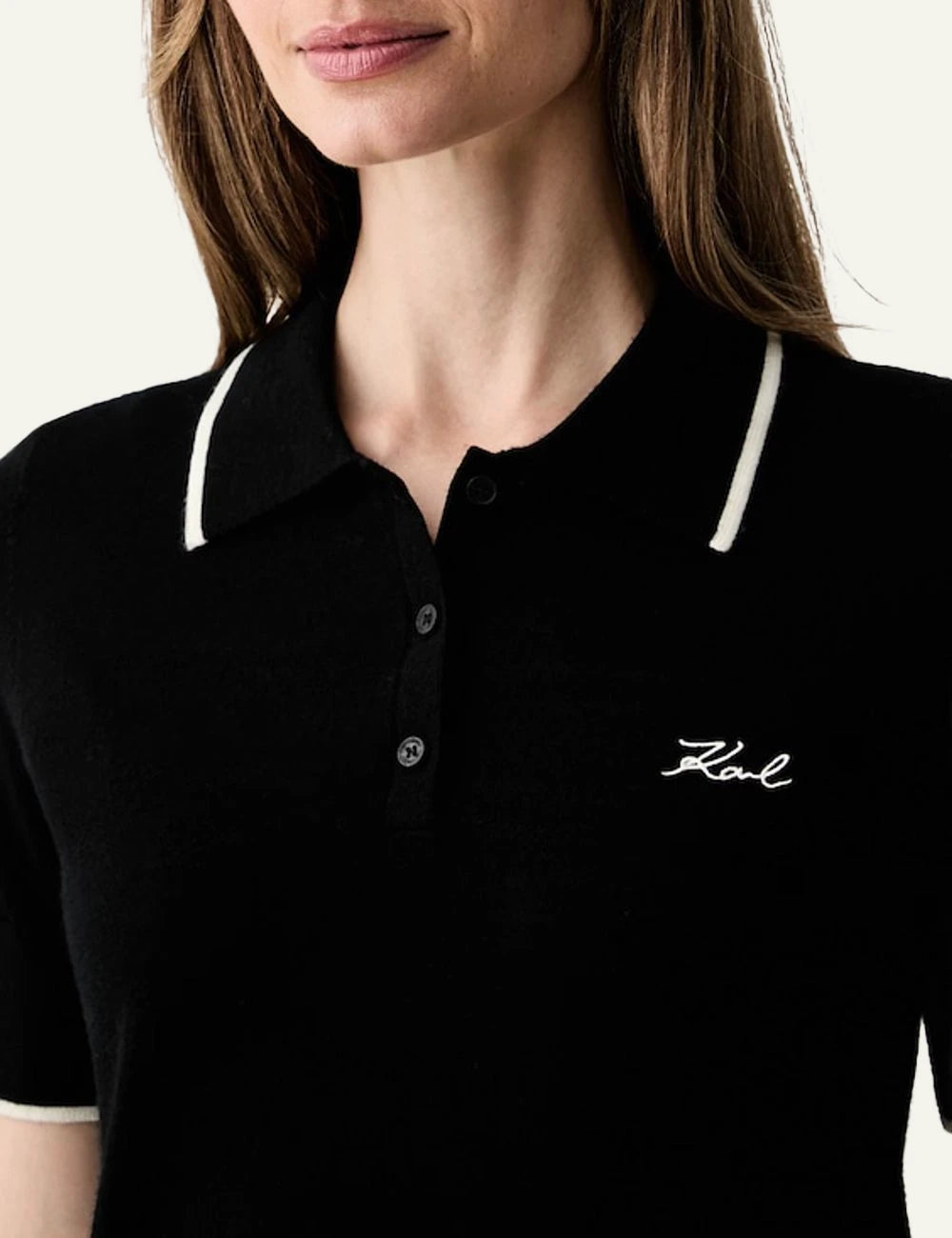 Karl Lagerfeld black wool knit polo shirt with signature embroidery detail