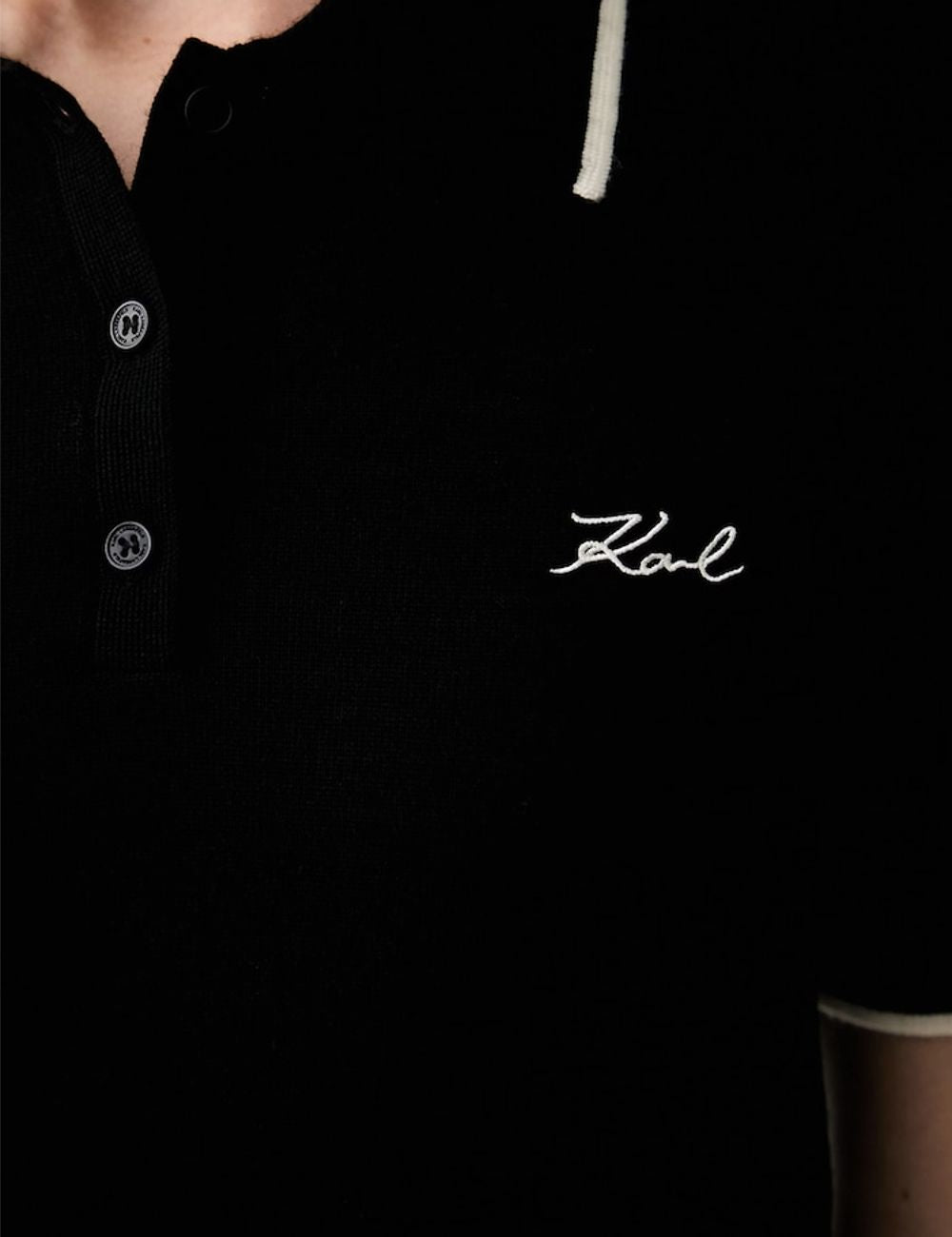 Karl Lagerfeld black wool knit polo shirt with signature embroidery logo