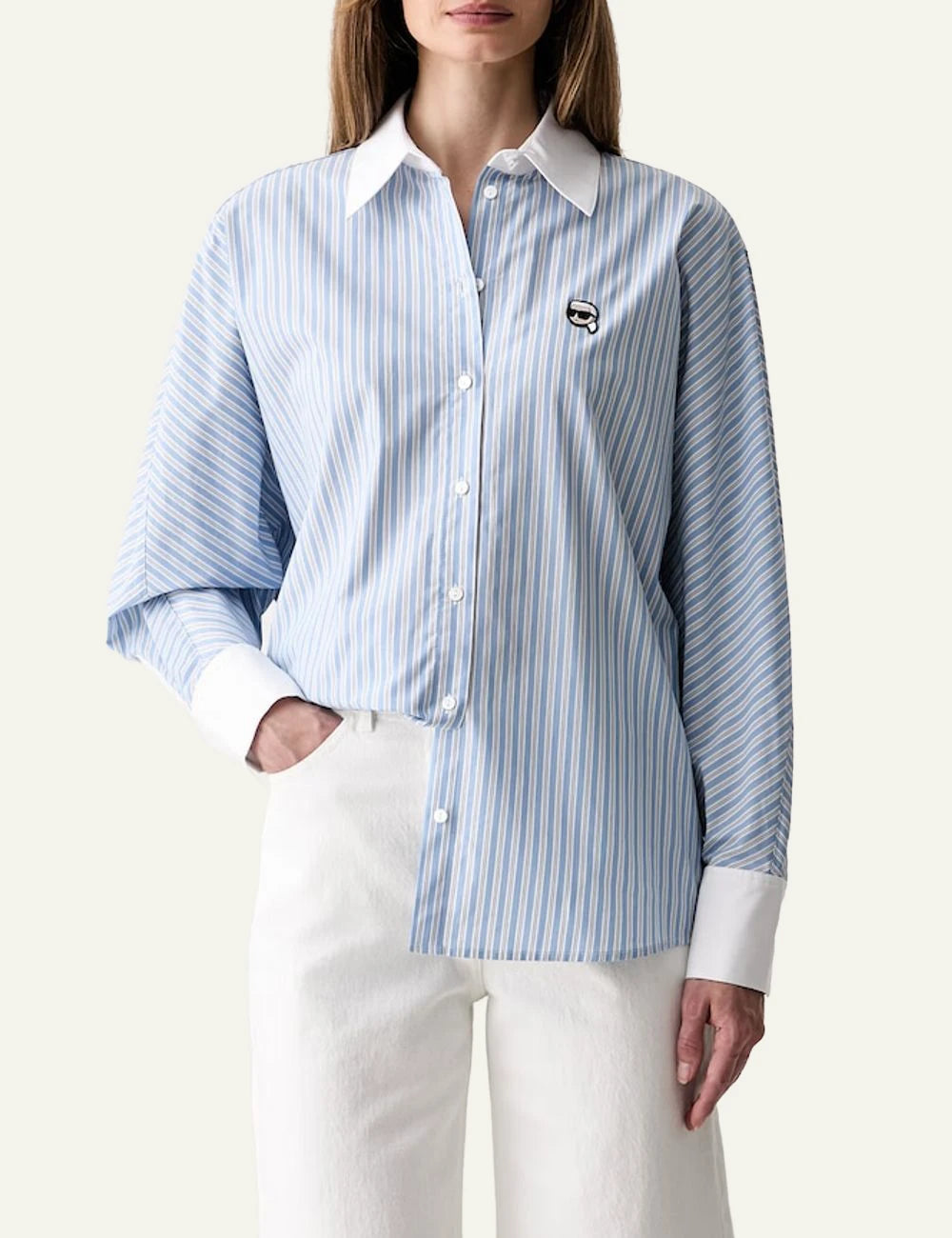 Karl Lagerfeld blue striped cotton shirt with white collar and Ikon Karl embroidery