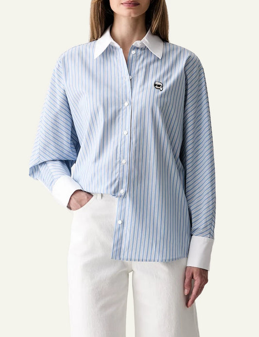 Karl Lagerfeld blue striped cotton shirt with white collar and Ikon Karl embroidery