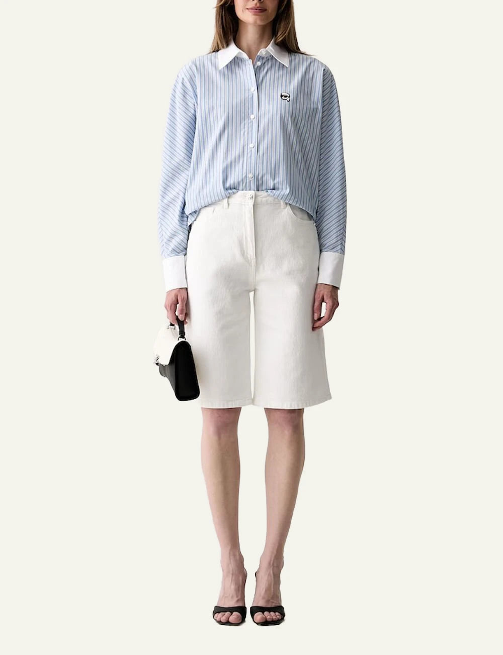 Karl Lagerfeld blue striped cotton shirt with white collar and Ikon Karl embroidery full body