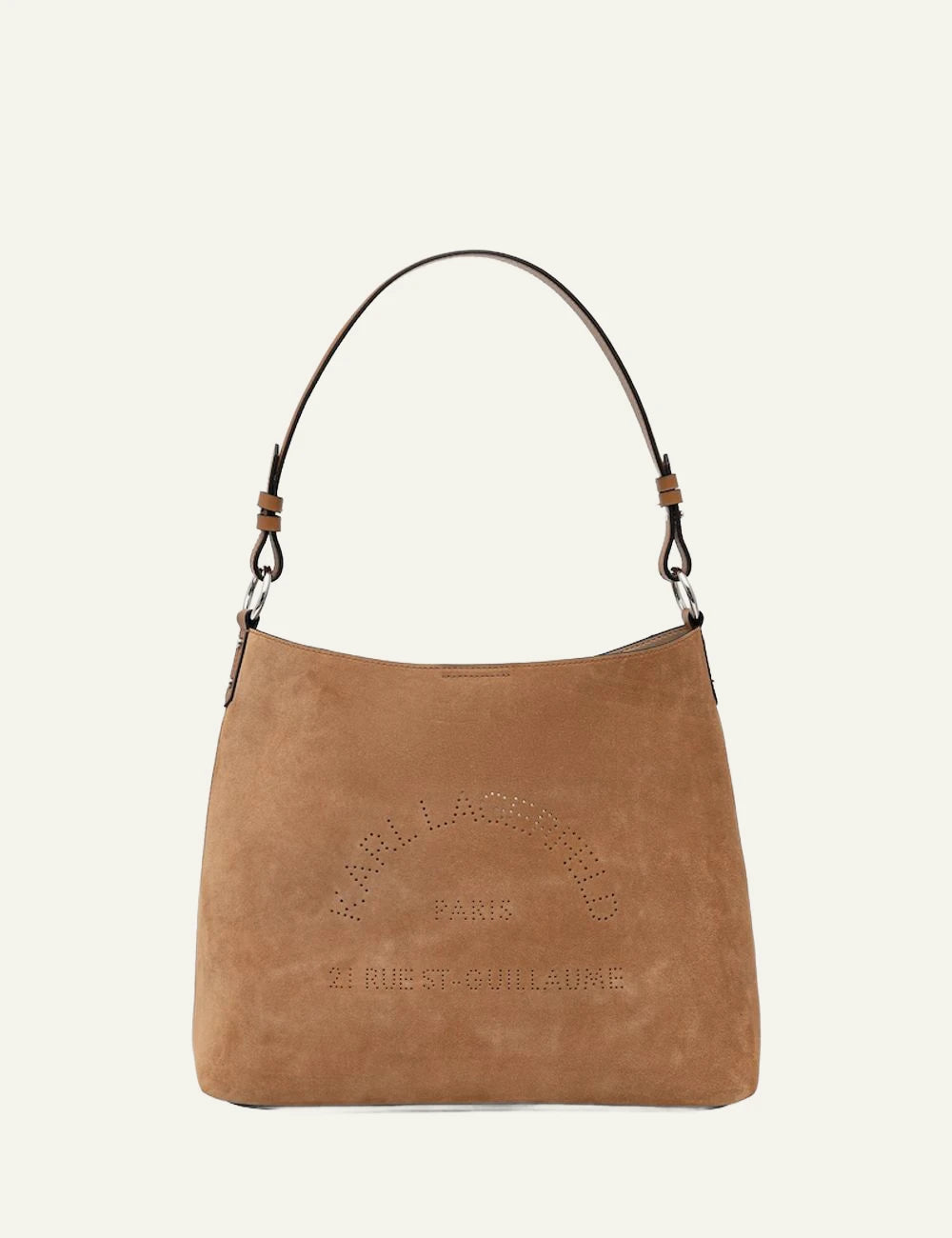 Karl Lagerfeld brown suede shopper shoulder bag with perforated Rue St-Guillaume logo front
