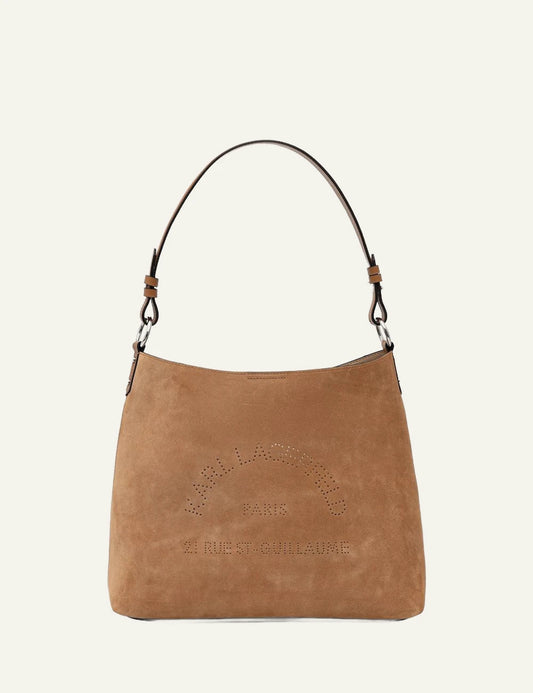Karl Lagerfeld brown suede shopper shoulder bag with perforated Rue St-Guillaume logo front