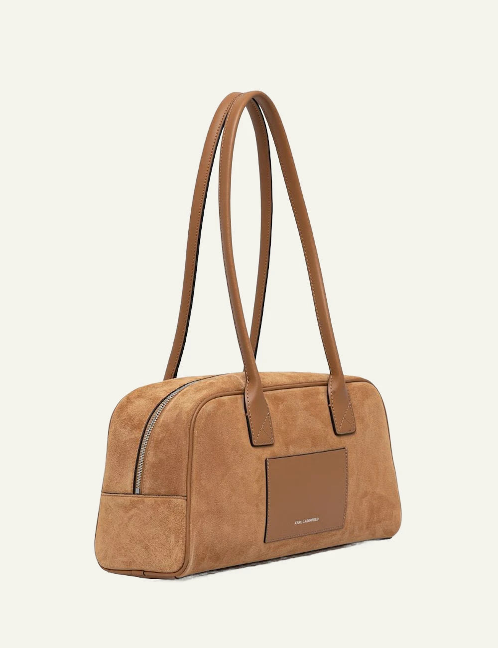Karl Lagerfeld brown suede shoulder bag with front logo patch side