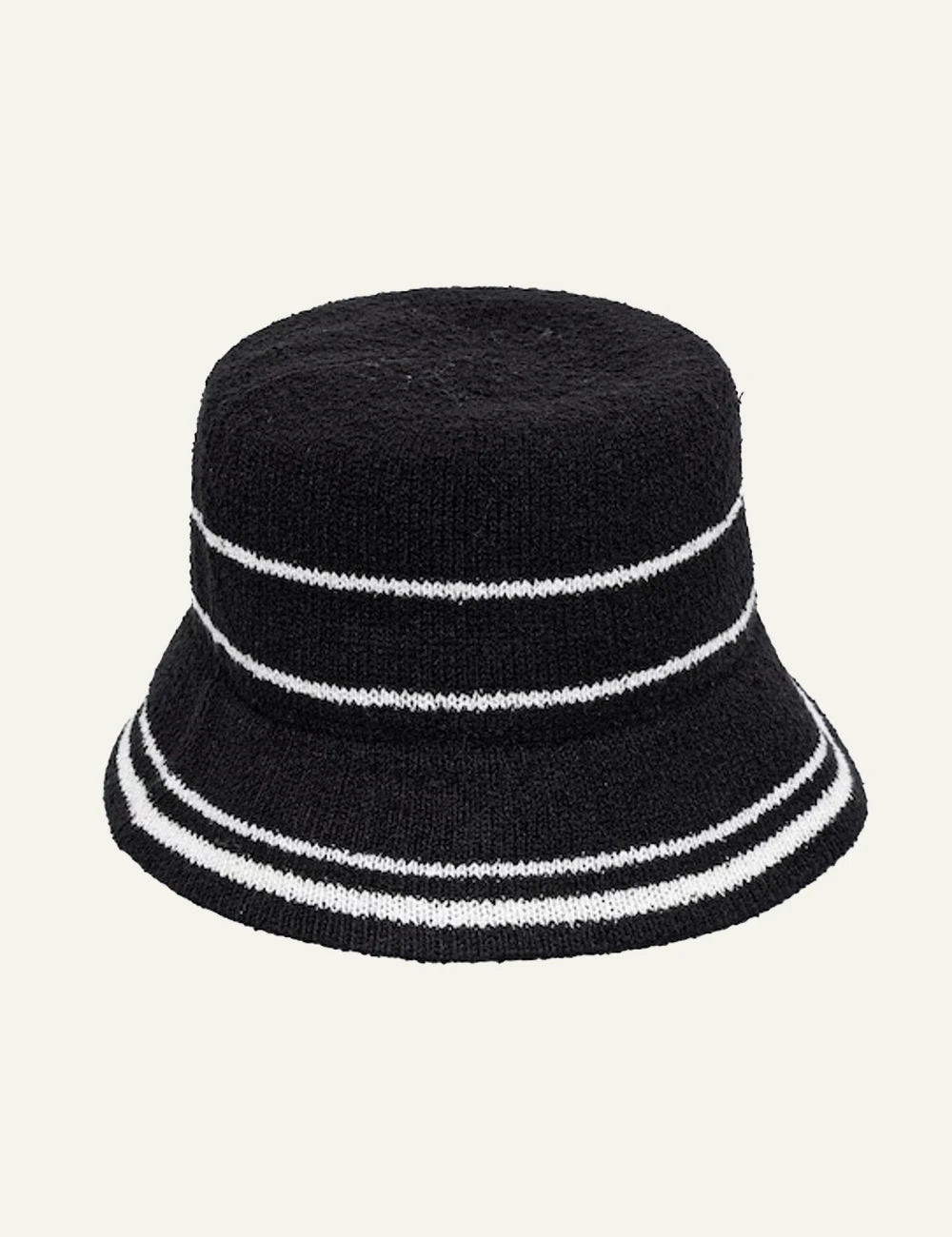 Karl Lagerfeld bucket hat black knit white stripes Karl logo back view