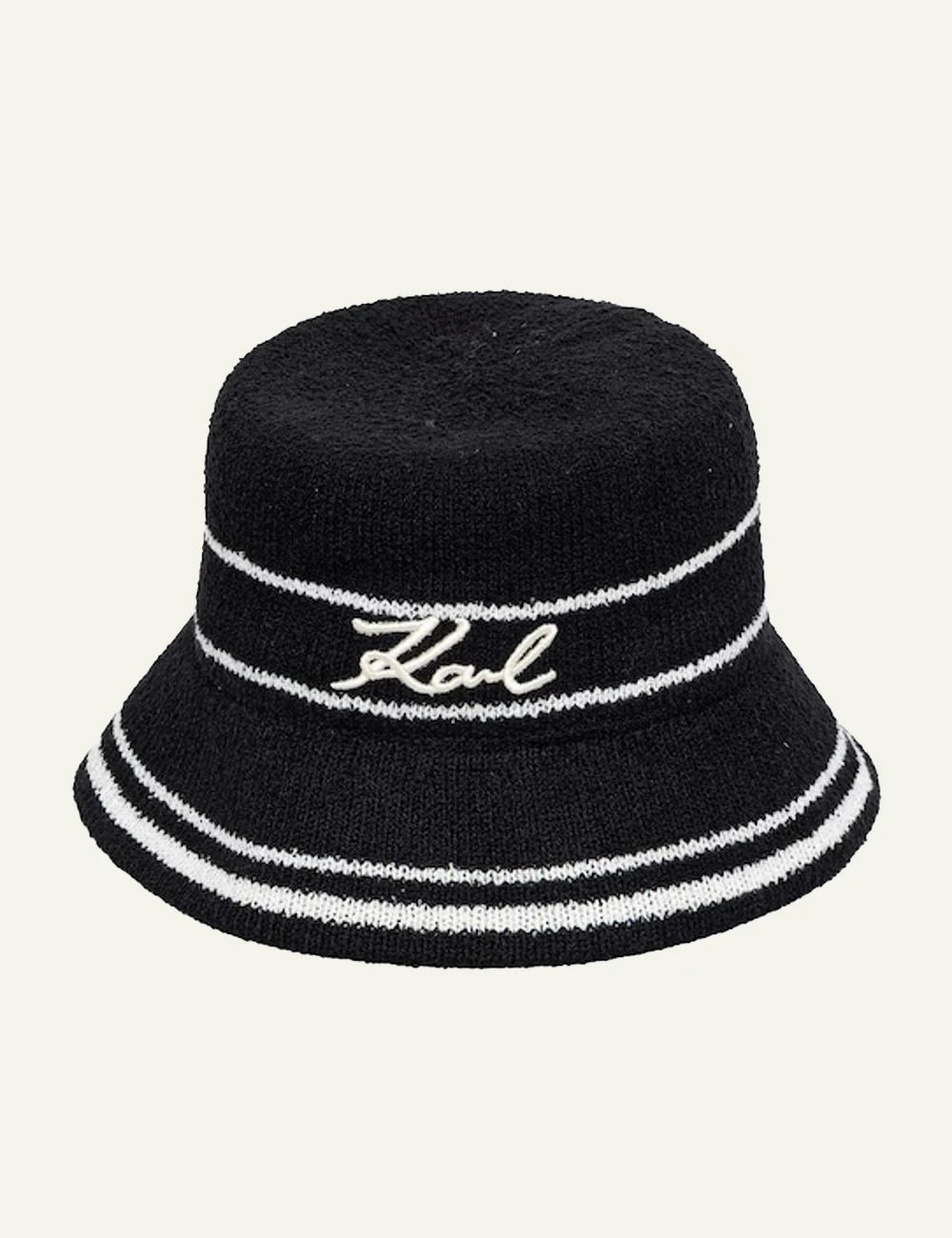Karl Lagerfeld bucket hat black knit white stripes Karl logo front view