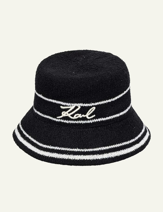 Karl Lagerfeld bucket hat black knit white stripes Karl logo front view