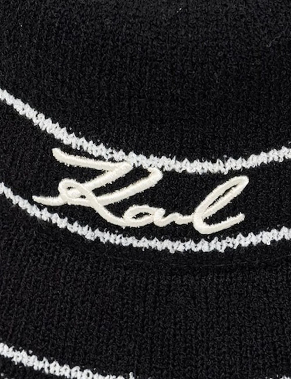 Karl Lagerfeld bucket hat black knit white stripes Karl logo front detail view