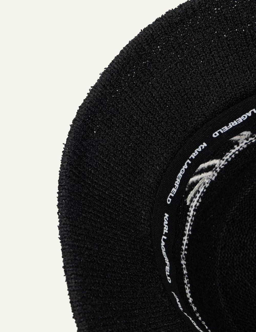 Karl Lagerfeld bucket hat black knit white stripes Karl logo detail view