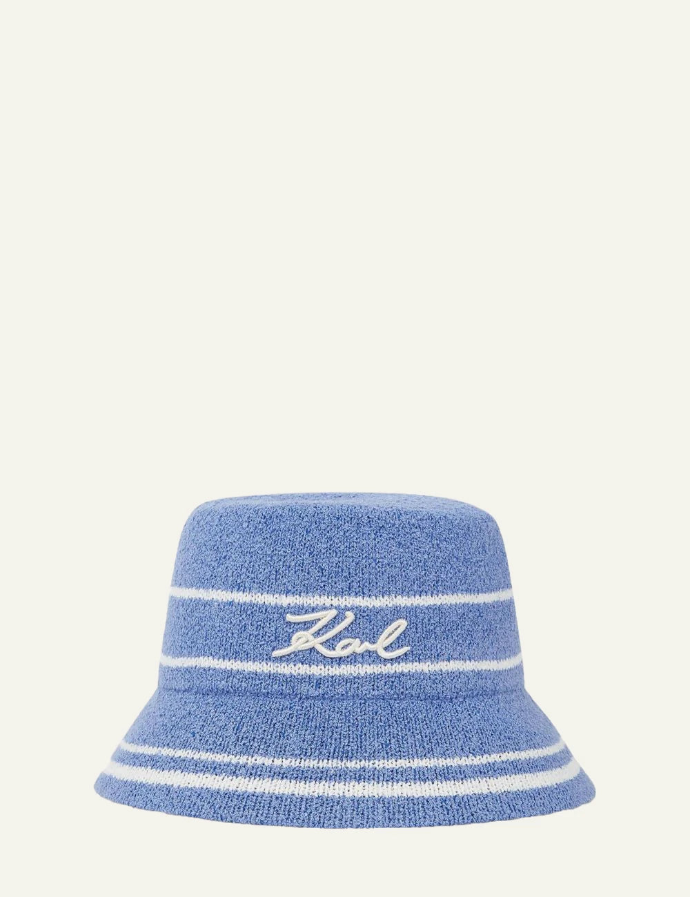 Karl Lagerfeld bucket hat blue knit white stripes Karl logo front view