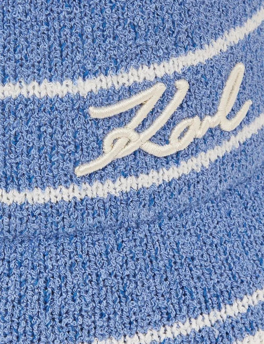 Karl Lagerfeld bucket hat blue knit white stripes Karl logo front detail view
