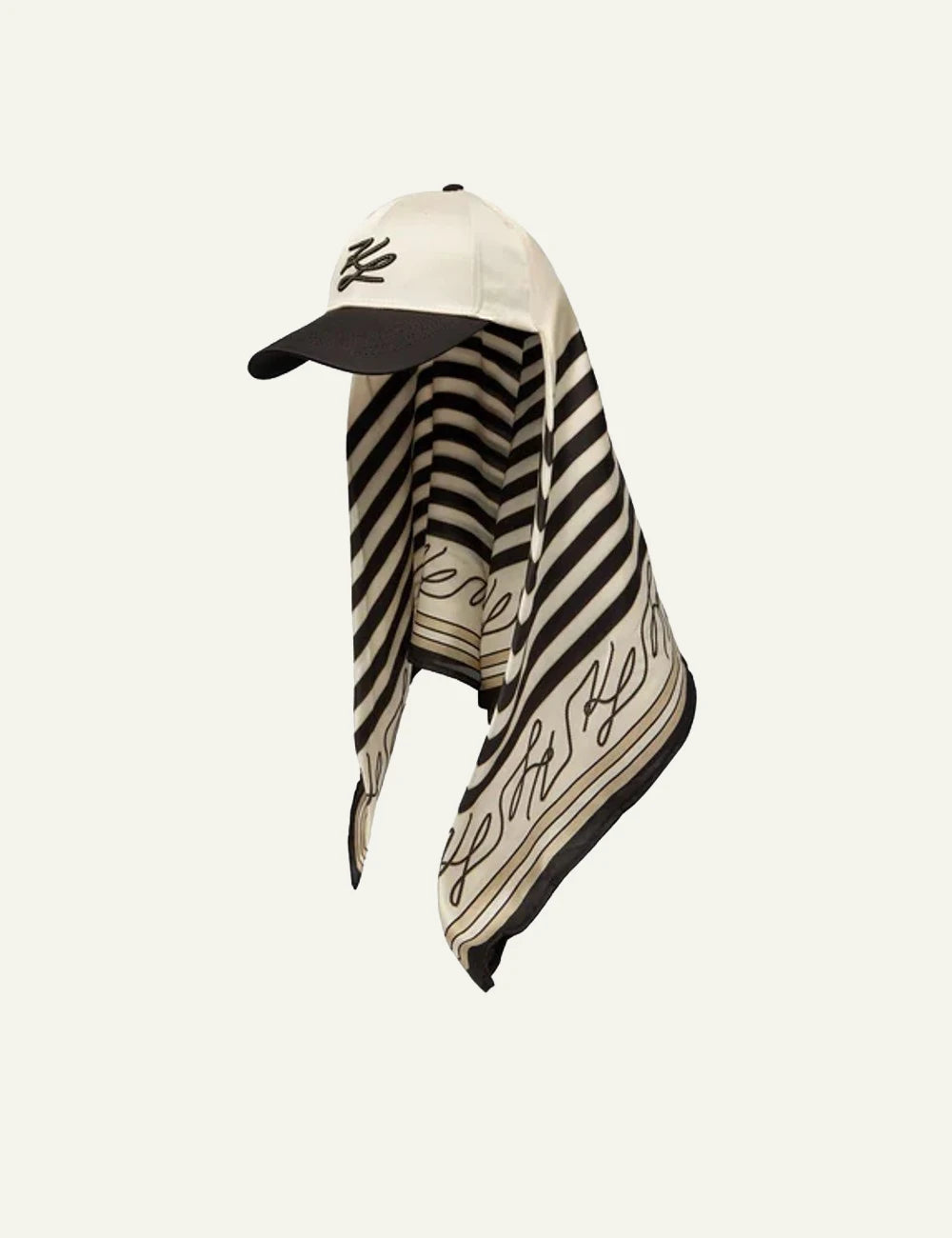 Karl Lagerfeld cap scarf combo black beige logo stripes detail front view