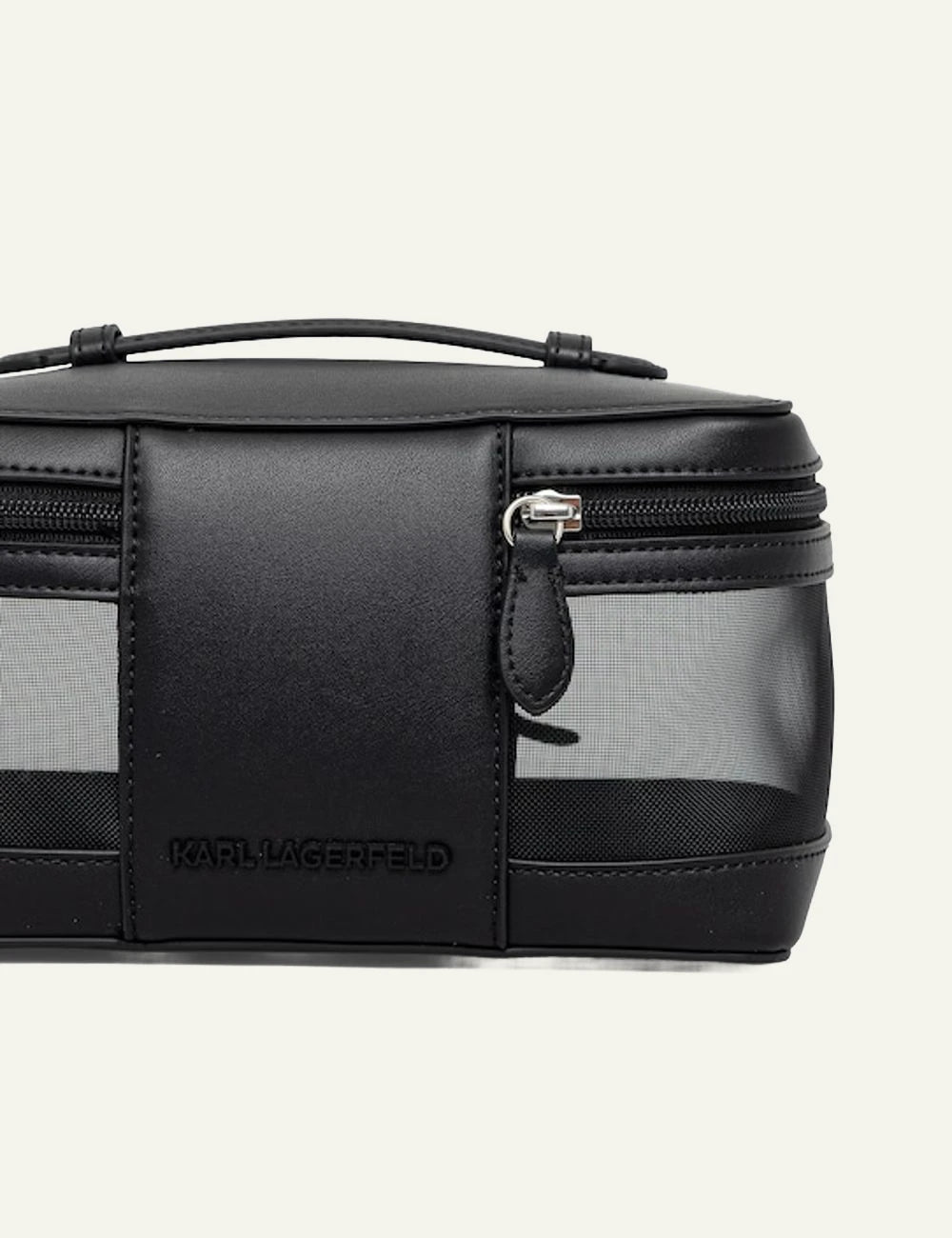 Karl Lagerfeld cosmetic case black transparent panel Karl logo top handle back view