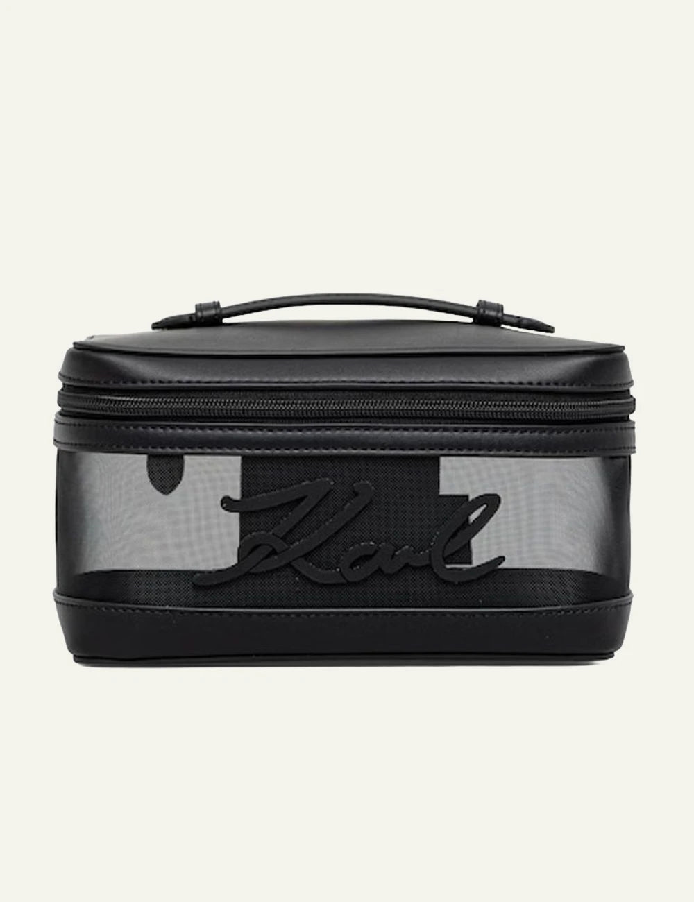 Karl Lagerfeld cosmetic case black transparent panel Karl logo top handle front view