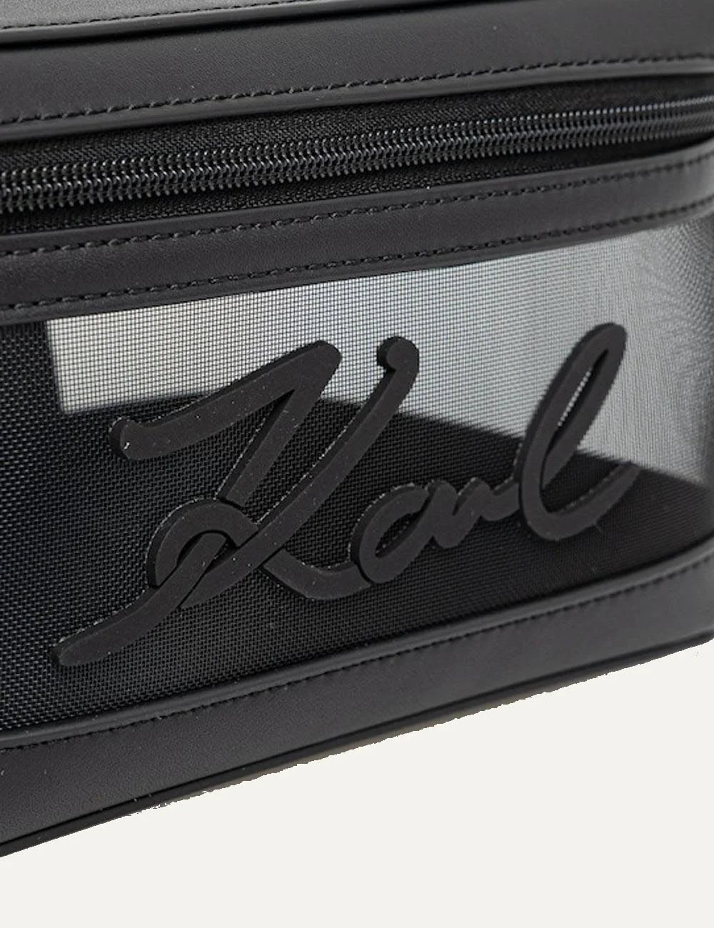 Karl Lagerfeld cosmetic case black transparent panel Karl logo top handle front detail view