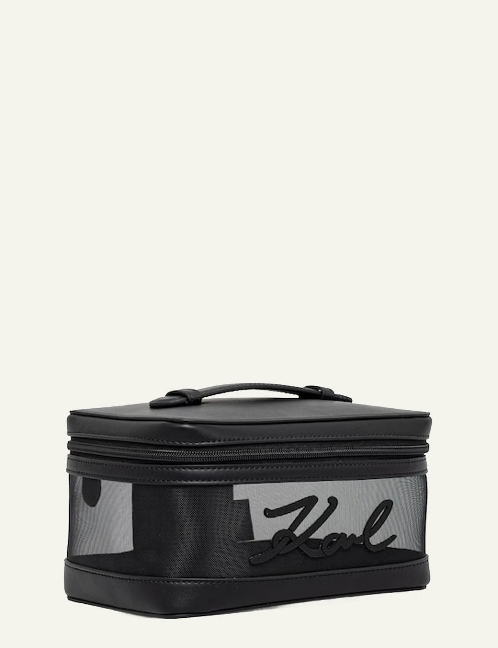 Karl Lagerfeld cosmetic case black transparent panel Karl logo top handle side view