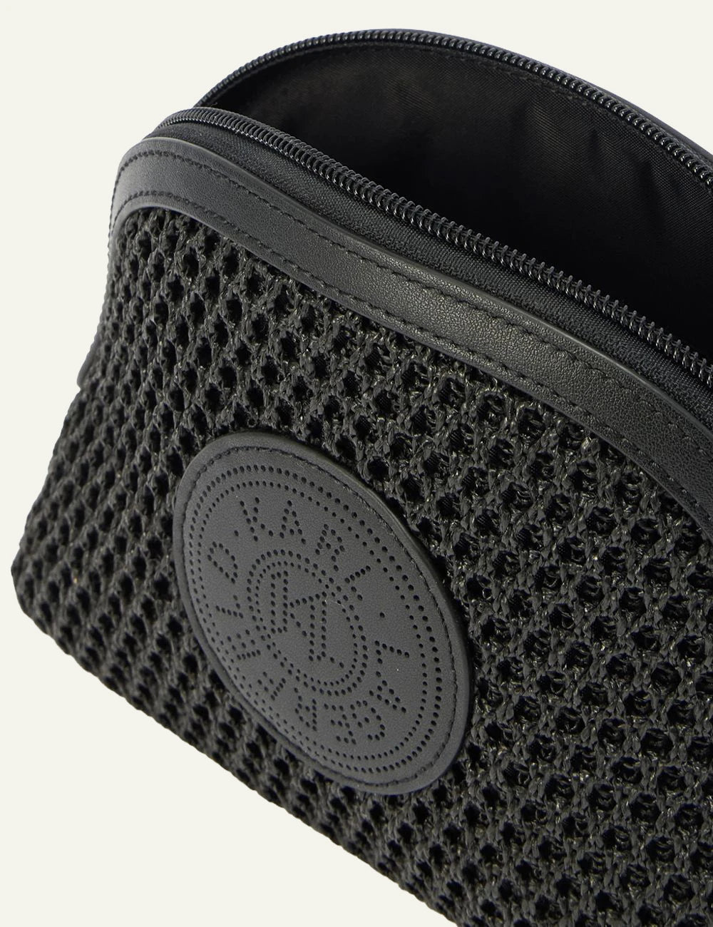 Karl Lagerfeld cosmetic pouch black mesh raffia texture logo top view