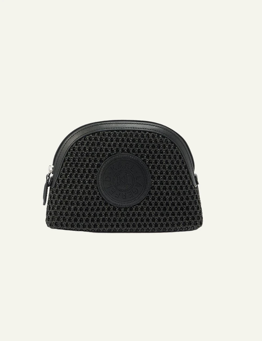 Karl Lagerfeld cosmetic pouch black mesh raffia texture logo front view