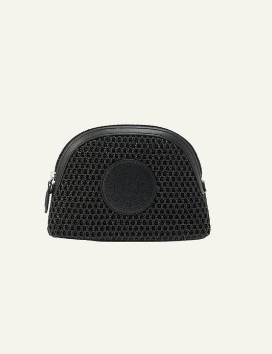 Karl Lagerfeld cosmetic pouch black mesh raffia texture logo front view