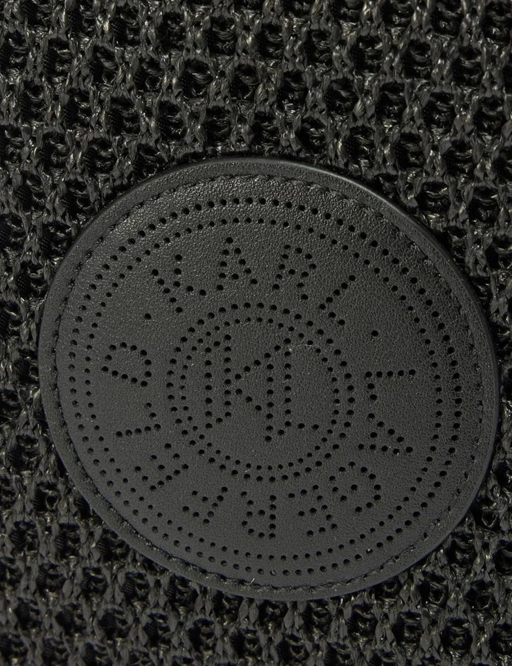Karl Lagerfeld cosmetic pouch black mesh raffia texture logo front detail view